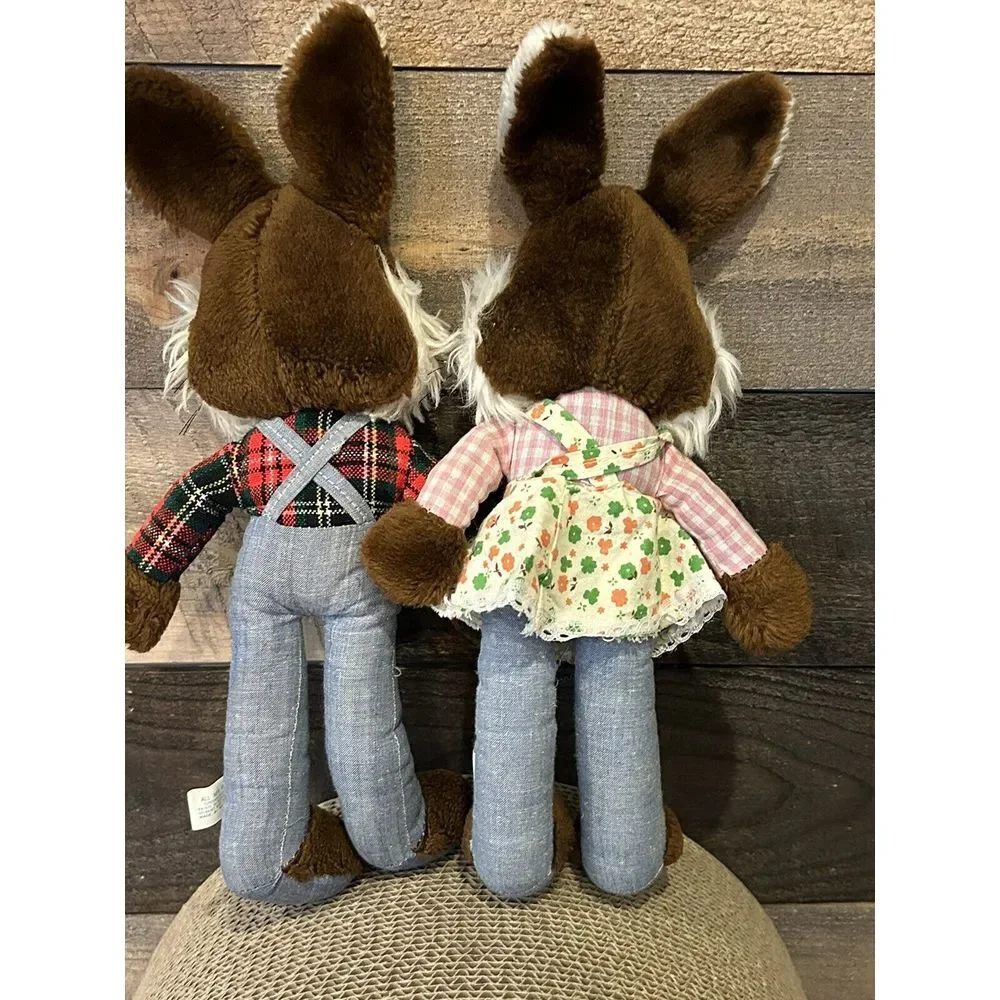80's Set Of 2 Bunny's Brown Rabbits Dressed Cute Shaggy Collectible‎ Toy